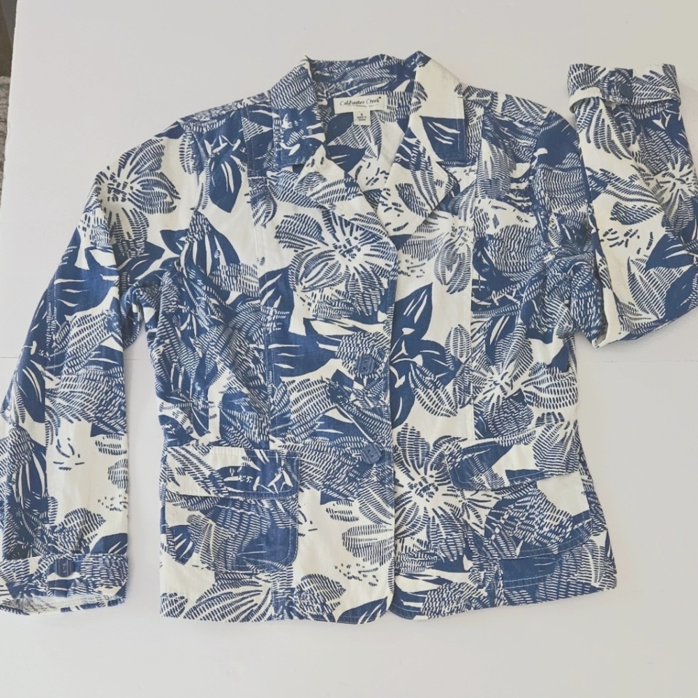 Coldwater Creek Ladies Sz Small Blue Fern Foliage Pattern Jacket Cott…